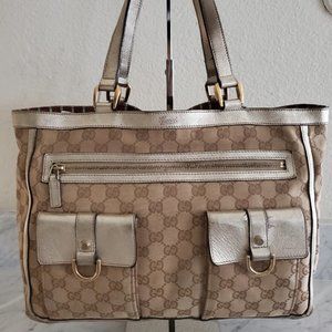 GUCCI Beige/Gold GG Canvas Abbey Pocket Tote Bag